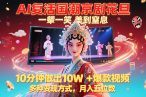 AI复活国潮京剧花旦，一颦一笑美到窒息，10分钟做出10W+爆款视频，多种变现方式，…