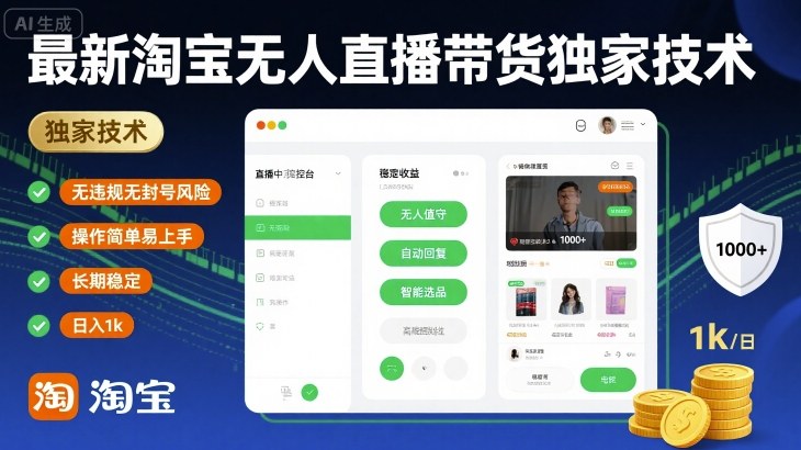 最新淘宝无人直播带货独家技术，无违规无封号风险，操作简单易上手，长期稳定日入1k【揭秘】