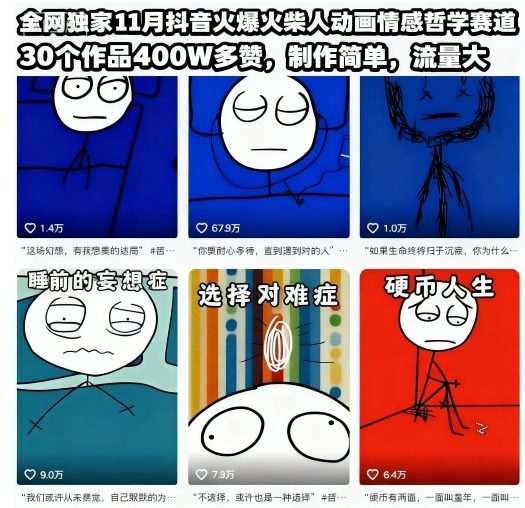 全网独家11月抖音火爆火柴人动画情感哲学赛道,30个作品400W多赞,制作简单,流量大【教学+素材】