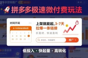 8月26号拼多多极速微付费玩法，8-10月份必须玩的，上架就能起，3-7天拉爆一条链接