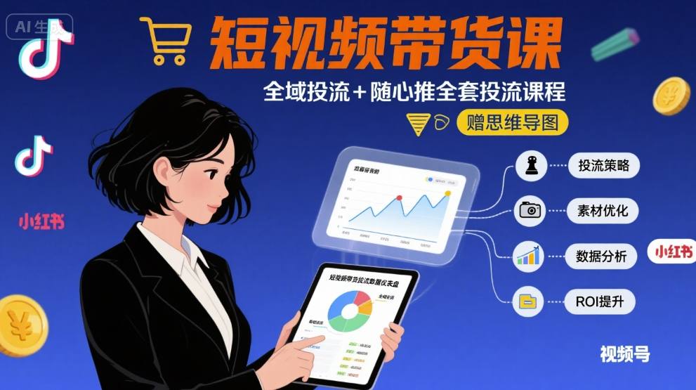 最新短视频带货课，全域投流+随心推全套投流课程+思维导图