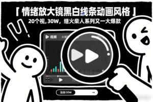 情绪放大镜黑白线条动画风格，20个视频，涨粉30W，继火柴人系列又一大爆款