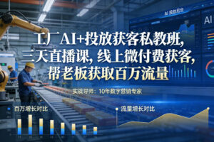 工厂AI+投放获客私教班，三天直播课，线上微付费获客，帮老板获取百万流量