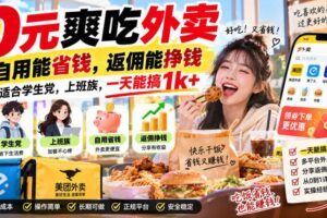 0元爽吃外卖，自用能省钱，返佣能挣钱，非常适合学生党，上班族，一天能搞1k+