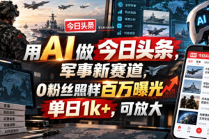 用AI做今日头条，军事新赛道，0粉丝照样百万曝光，单日1k+，可放大