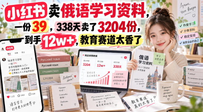 小红书卖俄语学习资料,一份39,338天卖了3204份,到手12w+,教育赛道太香了