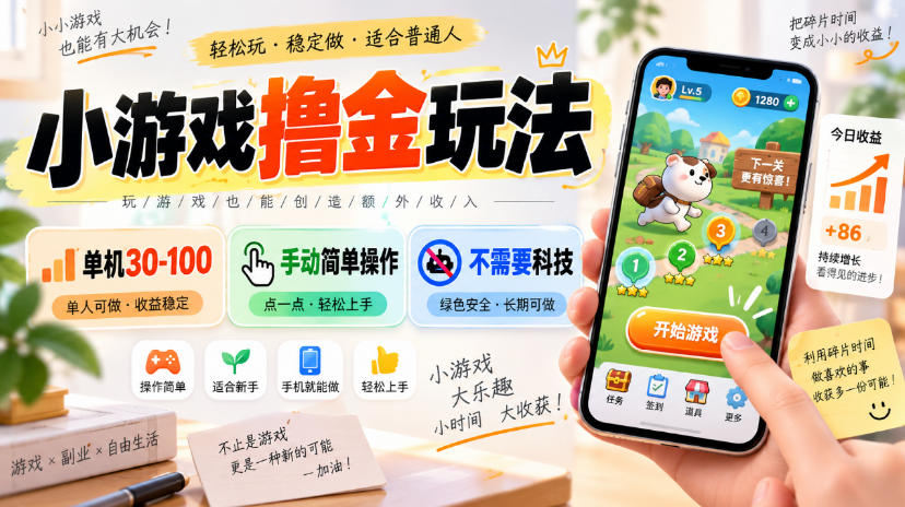 小游戏撸金玩法,单机30-100,手动简单操作,不需要科技