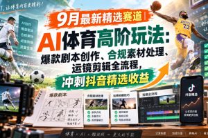 某大佬的9月最新精选赛道之AI体育顶级玩法,爆款剧本创作、版权规避、运镜剪辑全流程,稳拿抖音精选收益