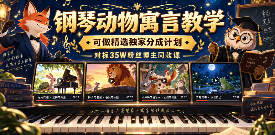 钢琴动物寓言教学，可做精选独家分成计划，对标35W粉丝博主同款课