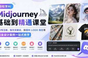 轻松学AI Midjourney基础到精通课堂，从账号注册、指令关键词，到面料LOGO角色等商业设计案例一站式教学