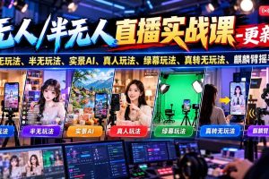 (21072期)无人/半无人直播实战课-10月20更新:纯无玩法、半无玩法、实景AI、真人玩法、绿幕玩法、真转无玩法、麒麟臂摇手等
