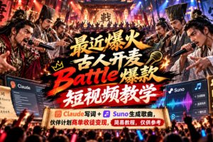 最近爆火古人开麦Battle爆款短视频教学，Claude写词+Suno生成歌曲，伙伴计划商单收徒变现，简易教程，仅供参考