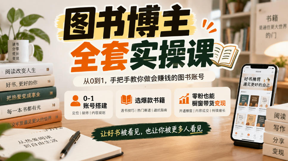 图书博主全套实操课,0‑1账号搭建,选爆款书籍,零粉也能橱窗带货变现