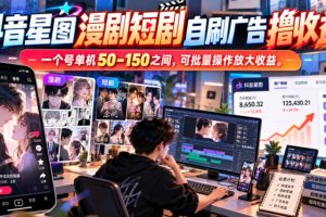 抖音星图漫剧短剧自刷广告撸收益，一个号单机50-150之间，可批量操作放大收益