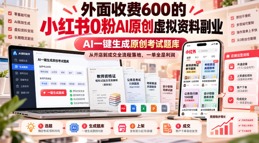 外面收费600的小红书0粉AI原创虚拟资料副业,AI一键生成原创考试题库,从开店到成交全流程落地,一单全是利润